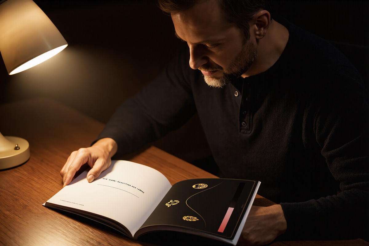 Mann in einem Buch lesend, umgeben von gedämpftem Licht — der Moment, in dem etwas klar wird, das vorher unsichtbar war