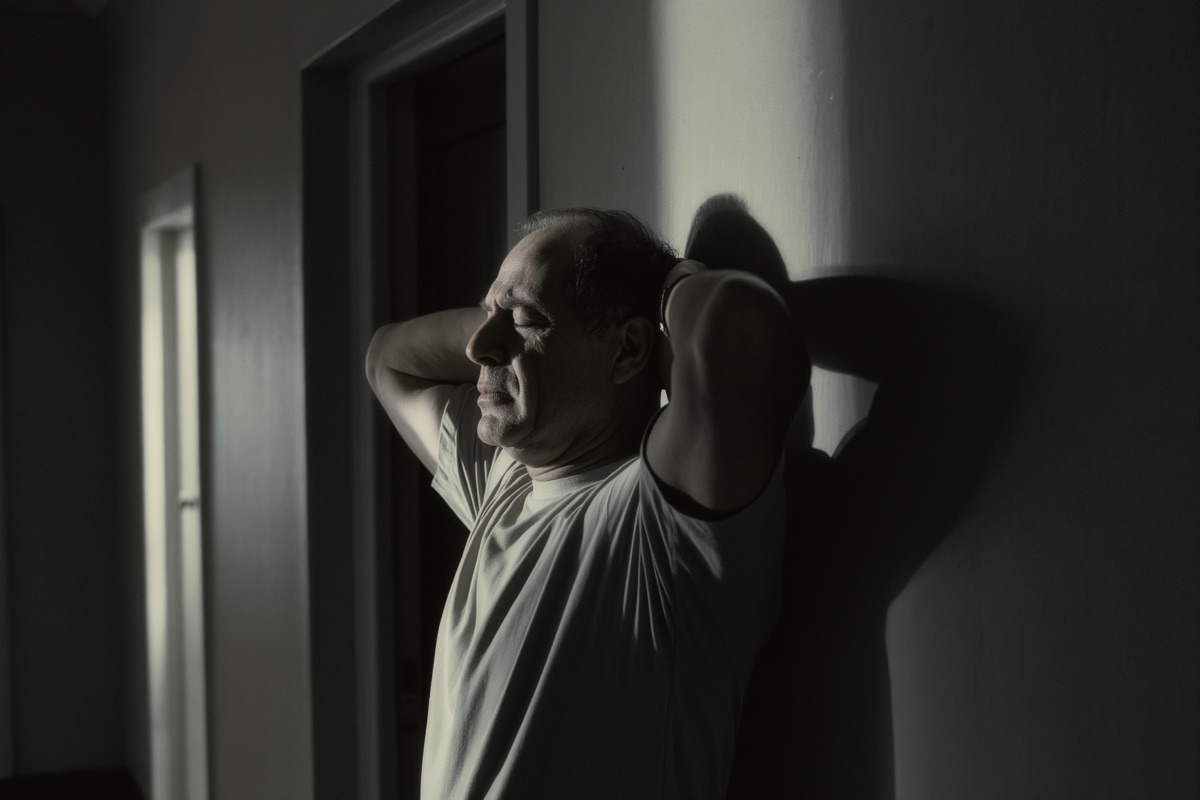 Älterer Mann, Augen geschlossen, Hände hinter dem Kopf — die Last von etwas, das man schon tausendmal durchgespielt hat