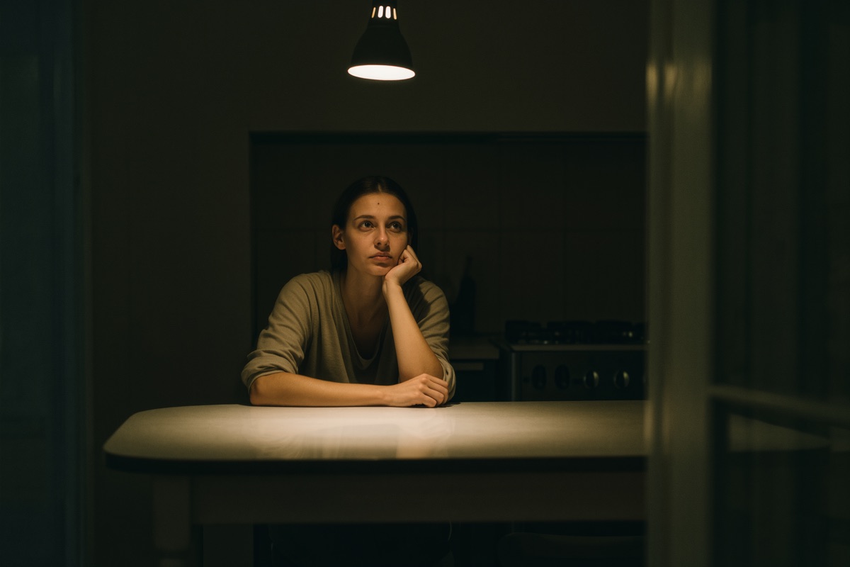 Junge Frau, allein an einem Küchentisch unter einer einzelnen Lampe — der Moment, in dem die Stille lauter ist als jedes Wort